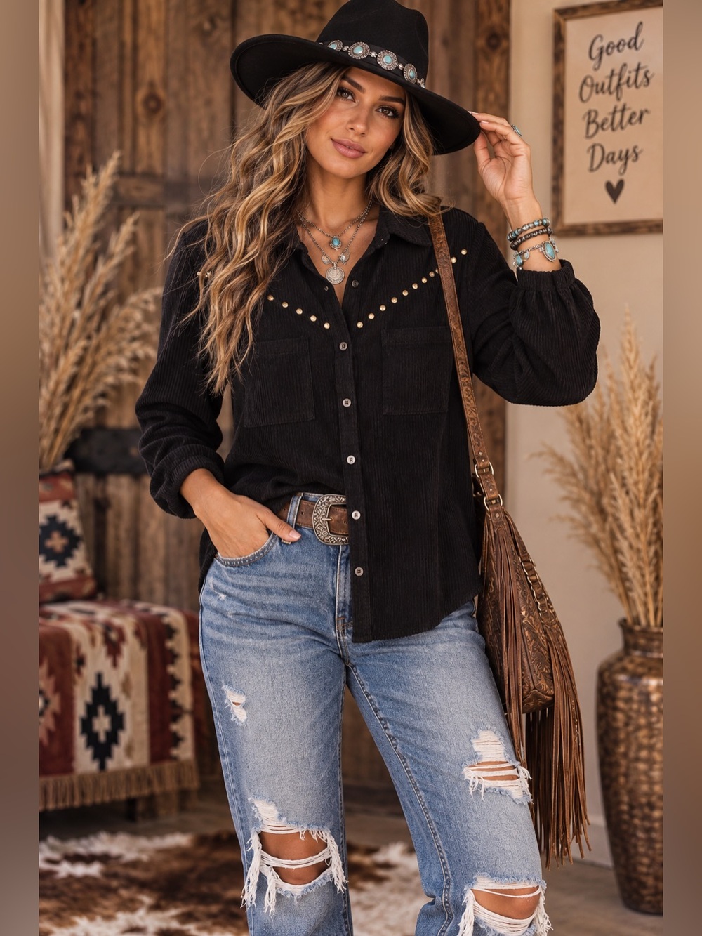 Amazon Black Corduroy Button-Down Shirt with Gold Stud Accents